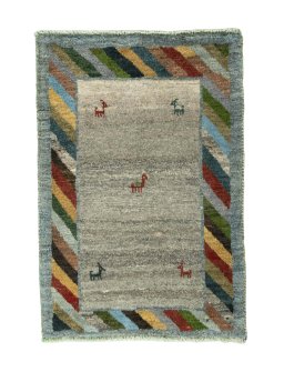 Full view of New Persian Gabbeh rug from Iran / Persia, 90 × 61 cm in Beige tones