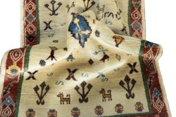 Corner detail of New Persian Gabbeh rug showing border pattern and Wool pile