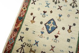 Backside of handmade New Persian Gabbeh rug showing knot structure and weave density