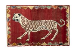 Full view of 2000s Persian Gabbeh rug from Iran / Persia, 172 × 113 cm in Red tones