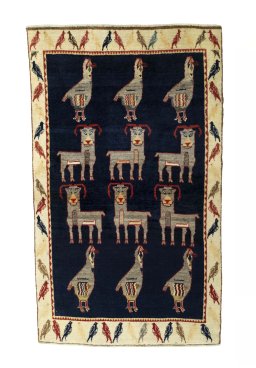 Full view of 2000s Persian Gabbeh rug from Iran / Persia, 188 × 112 cm in Blue tones