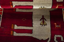 Full view of 2000s Persian Gabbeh rug from Iran / Persia, 147 × 100 cm in Red tones