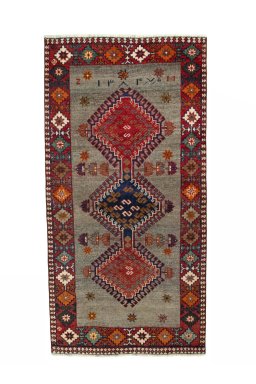 Full view of 2000s Persian Gabbeh rug from Iran / Persia, 195 × 100 cm in Gray tones