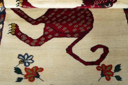 Full view of 2000s Persian Gabbeh rug from Iran / Persia, 150 × 109 cm in Beige tones
