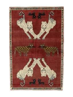 Full view of 2000s Persian Gabbeh rug from Iran / Persia, 156 × 104 cm in Red tones