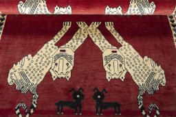 Full view of 2000s Persian Gabbeh rug from Iran / Persia, 156 × 104 cm in Red tones
