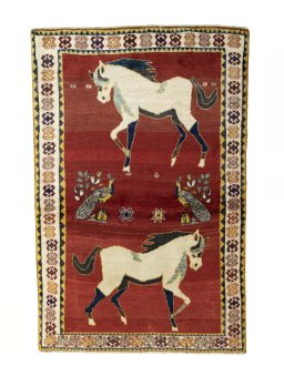Full view of 2000s Persian Gabbeh rug from Iran / Persia, 185 × 120 cm in Red tones