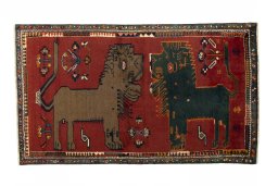 Full view of 2000s Persian Gabbeh rug from Iran / Persia, 193 × 113 cm in Red tones