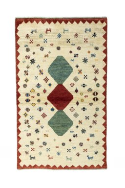 Full view of 2000s Persian Gabbeh rug from Iran / Persia, 167 × 101 cm in Beige tones