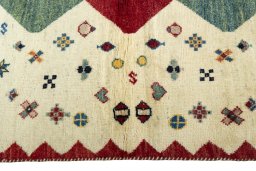 Close-up detail of 2000s Persian Gabbeh rug from Iran / Persia showing Wool weave