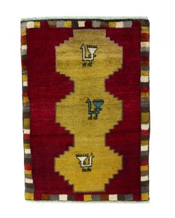 Full view of 2000s Persian Gabbeh rug from Iran / Persia, 95 × 68 cm in Red tones