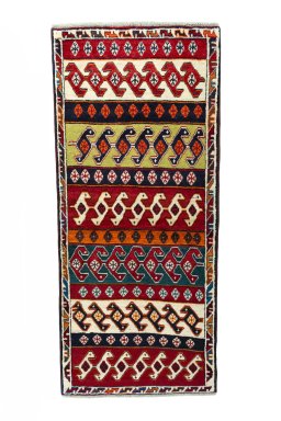 Full view of 2000s Persian Gabbeh rug from Iran / Persia, 193 × 87 cm in Multi Color tones