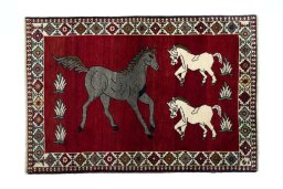Full view of 2000s Persian Gabbeh rug from Iran / Persia, 148 × 102 cm in Red tones