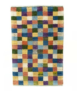 Full view of 2000s Persian Gabbeh rug from Iran / Persia, 87 × 57 cm in Multi Color tones