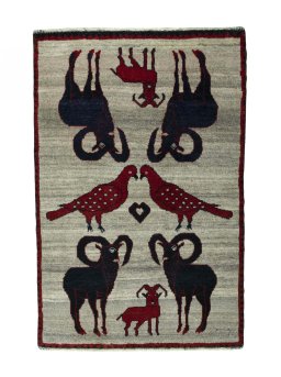 Full view of 2000s Persian Gabbeh rug from Iran / Persia, 153 × 101 cm in Beige tones