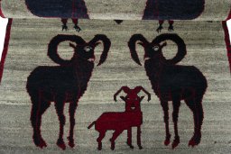 Full view of 2000s Persian Gabbeh rug from Iran / Persia, 153 × 101 cm in Beige tones
