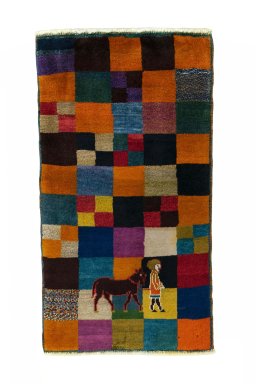 Full view of 2000s Persian Gabbeh rug from Iran / Persia, 108 × 64 cm in Multi Color tones