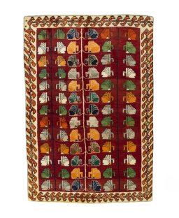 Full view of 2000s Persian Gabbeh rug from Iran / Persia, 227 × 155 cm in Red tones