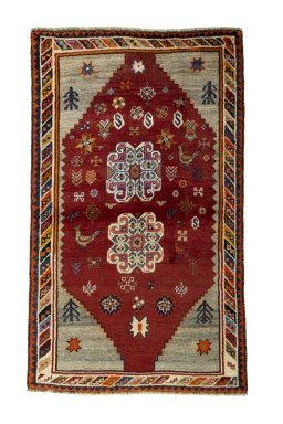 Full view of 2000s Persian Gabbeh rug from Iran / Persia, 175 × 105 cm in Red tones