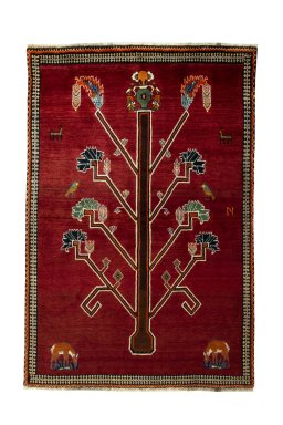 Full view of 2000s Persian Gabbeh rug from Iran / Persia, 208 × 138 cm in Red tones