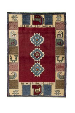 Full view of 2000s Persian Gabbeh rug from Iran / Persia, 145 × 103 cm in Red tones