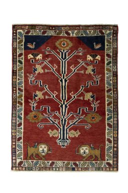 Full view of 2000s Persian Gabbeh rug from Iran / Persia, 155 × 113 cm in Red tones