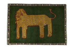 Full view of 2000s Persian Gabbeh rug from Iran / Persia, 150 × 105 cm in Green tones