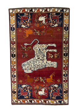 Full view of 2000s Persian Gabbeh rug from Iran / Persia, 267 × 163 cm in Red tones