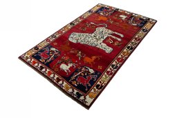 Corner detail of 2000s Persian Gabbeh rug showing border pattern and Wool pile