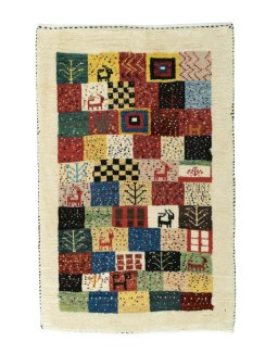 Full view of New Persian Gabbeh rug from Iran / Persia, 87 × 56 cm in Beige tones