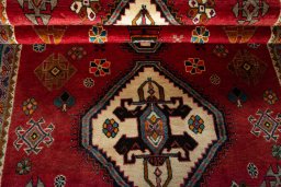 Full view of 2000s Persian Gabbeh rug from Iran / Persia, 202 × 122 cm in Red tones