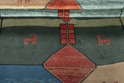 Full view of 2000s Persian Gabbeh rug from Iran / Persia, 200 × 143 cm in Multi Color tones