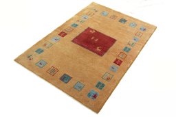 Corner detail of New Persian Gabbeh rug showing border pattern and Wool pile