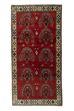 Full view of 2000s Persian Gabbeh rug from Iran / Persia, 252 × 127 cm in Red tones