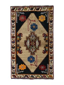 Full view of 2000s Persian Gabbeh rug from Iran / Persia, 197 × 116 cm in Beige tones
