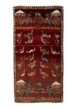 Full view of 2000s Persian Gabbeh rug from Iran / Persia, 204 × 106 cm in Red tones