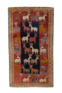 Full view of 2000s Persian Gabbeh rug from Iran / Persia, 231 × 129 cm in Red tones