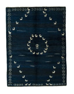 Full view of 2000s Persian Gabbeh rug from Iran / Persia, 218 × 168 cm in Blue tones