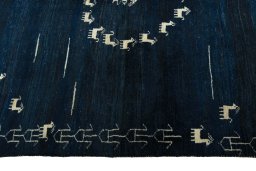 Full view of 2000s Persian Gabbeh rug from Iran / Persia, 218 × 168 cm in Blue tones