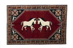 Full view of 2000s Persian Gabbeh rug from Iran / Persia, 242 × 165 cm in Red tones