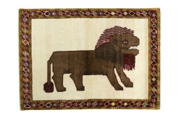Full view of 2000s Persian Gabbeh rug from Iran / Persia, 158 × 113 cm in Beige tones