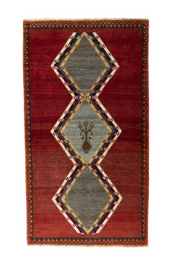Full view of 2000s Persian Gabbeh rug from Iran / Persia, 208 × 116 cm in Red tones