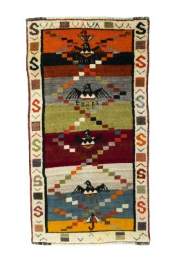 Full view of 2000s Persian Gabbeh rug from Iran / Persia, 142 × 76 cm in Multi Color tones