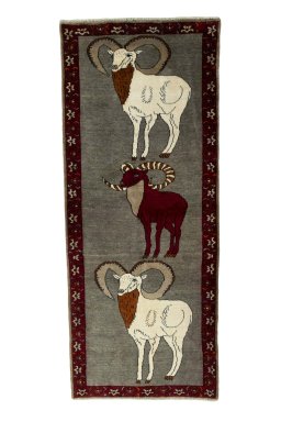 Full view of 2000s Persian Gabbeh rug from Iran / Persia, 219 × 90 cm in Gray tones