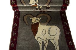 Full view of 2000s Persian Gabbeh rug from Iran / Persia, 219 × 90 cm in Gray tones