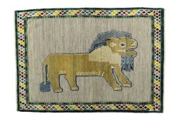 Full view of 2000s Persian Gabbeh rug from Iran / Persia, 156 × 110 cm in Beige tones
