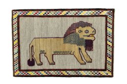 Full view of 2000s Persian Gabbeh rug from Iran / Persia, 157 × 107 cm in Beige tones