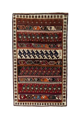 Full view of 2000s Persian Gabbeh rug from Iran / Persia, 202 × 120 cm in Multi Color tones