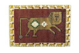 Full view of 2000s Persian Gabbeh rug from Iran / Persia, 155 × 105 cm in Red tones