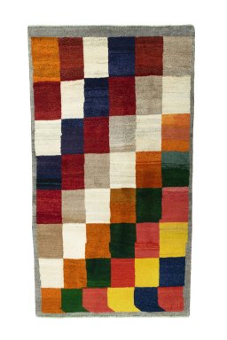 Full view of 2000s Persian Gabbeh rug from Iran / Persia, 187 × 105 cm in Multi Color tones